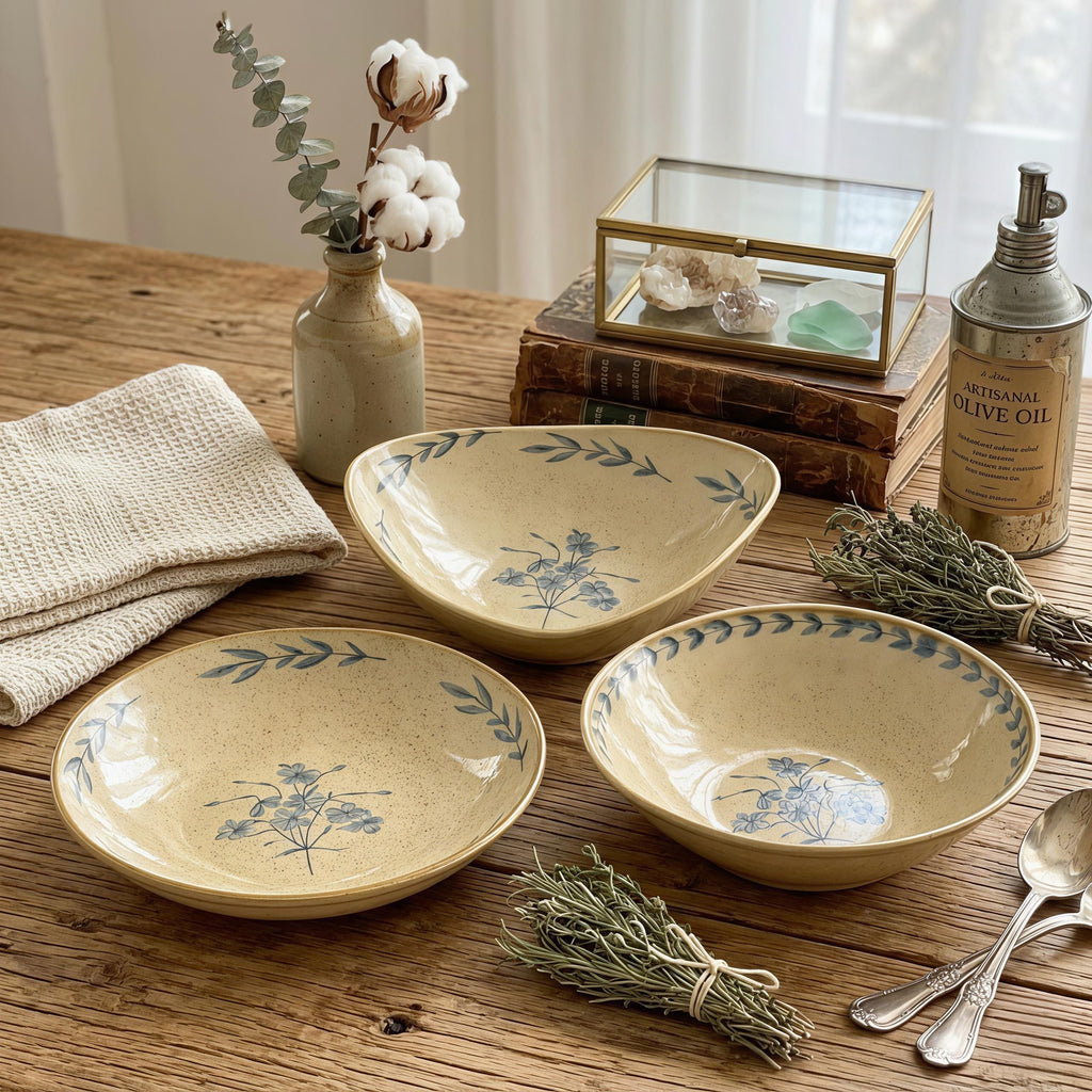Rustic Ceramic Bowl Set | Vintage Farmhouse Dinnerware | Blue Floral Serving Bowl