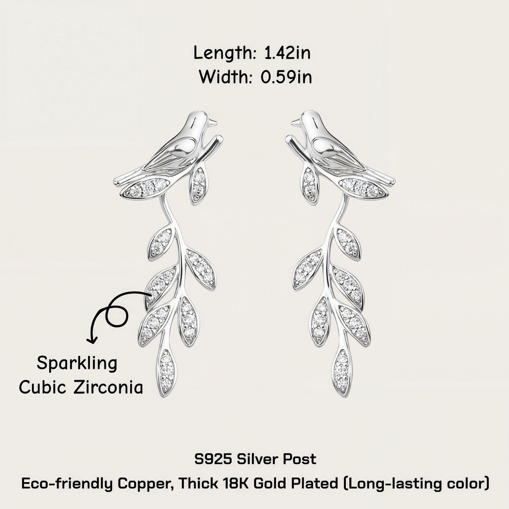 Silver Bird Branch Dangle Earrings – CZ Leaf Drop Earrings