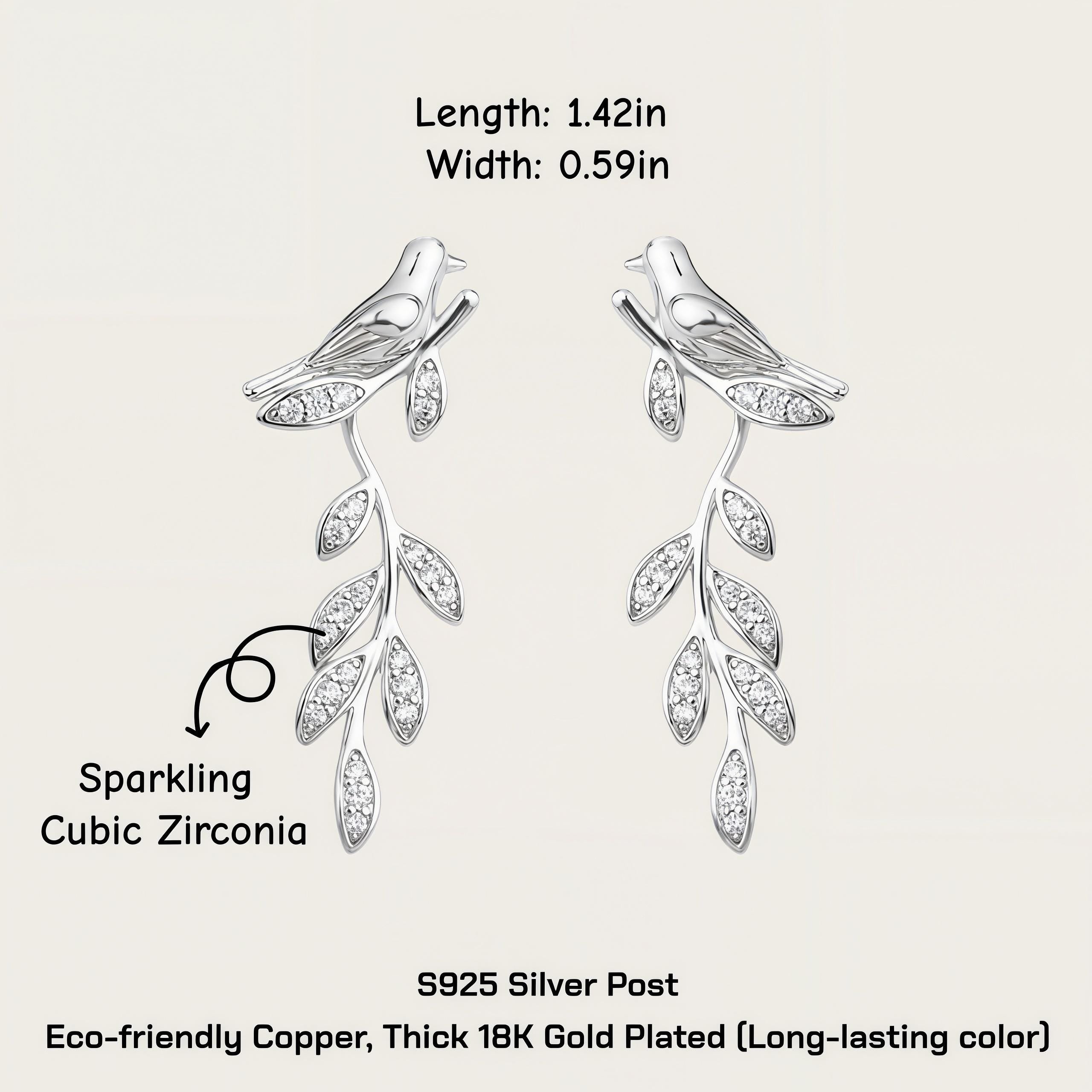 Silver Bird Branch Dangle Earrings – CZ Leaf Drop Earrings