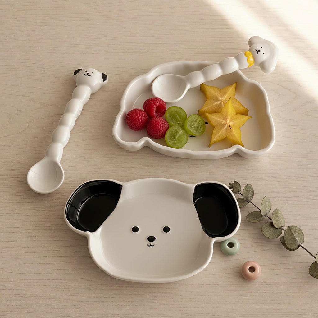 Kawaii Dog Ceramic Tableware | Puppy Shaped Plate & Spoon | Dog Lover Gift