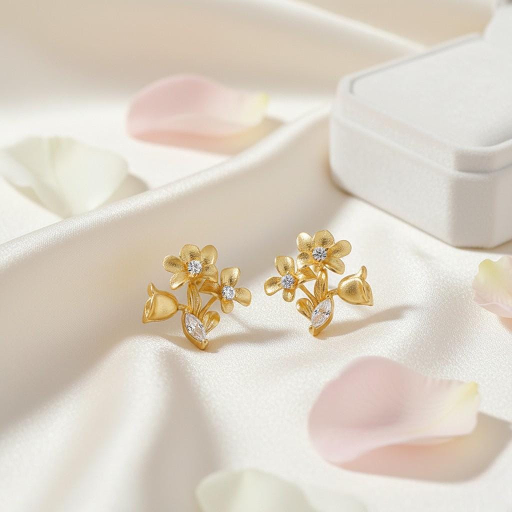 Morning Dew Gold Flower Cluster Earrings – 18K Gold Plated Floral Earrings with CZ