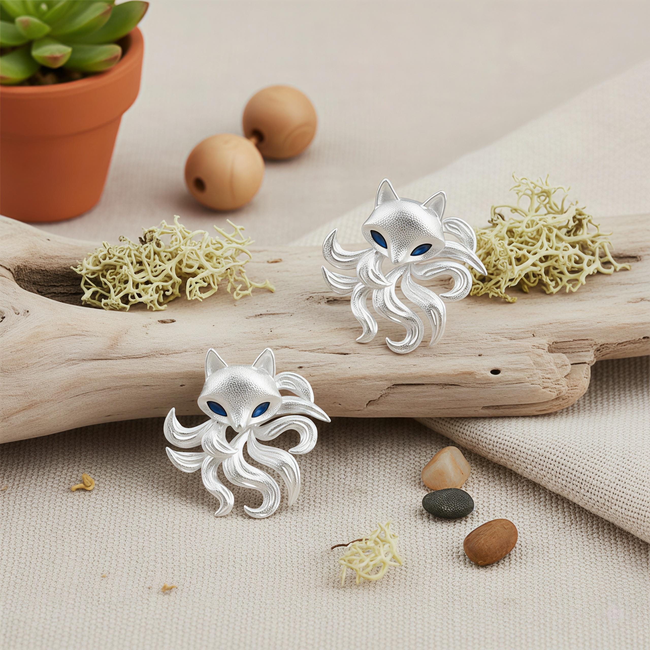 Matte Nine-Tailed Fox Stud Earrings – Silver Fox Earrings with Blue Zircon Eyes