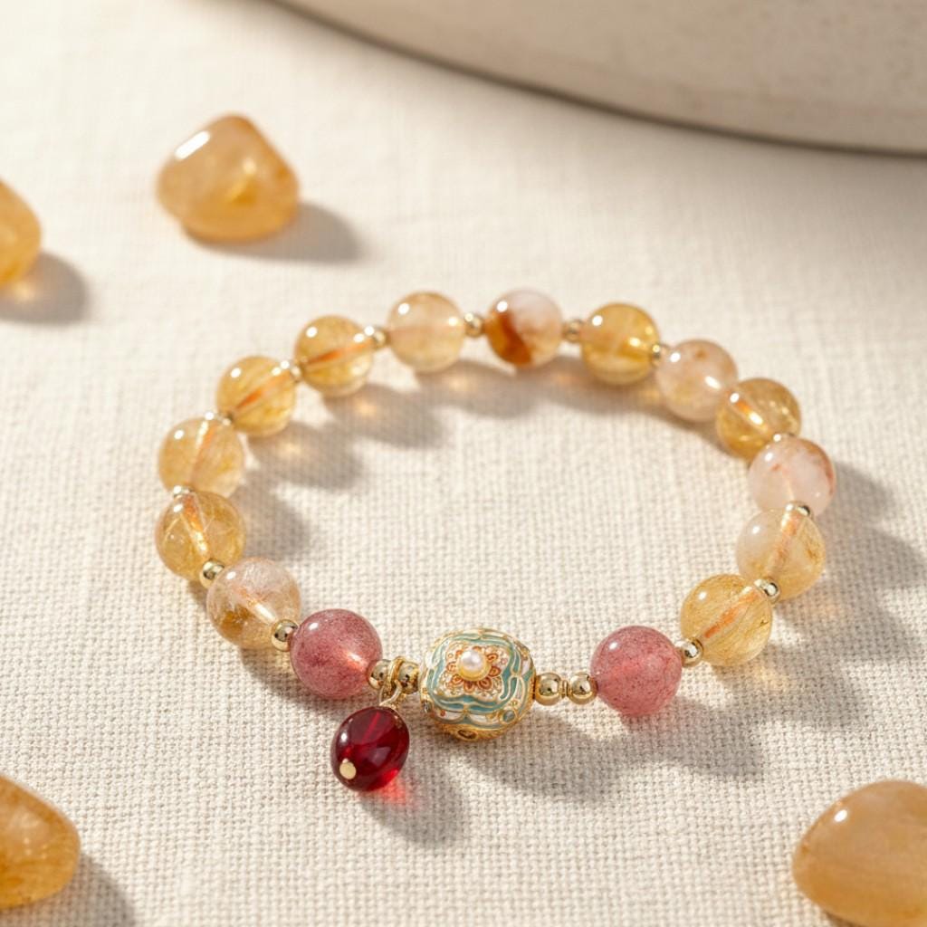 Golden Rutilated Quartz & Strawberry Quartz Bracelet - Guardian Collection | Healing Crystal Stretch