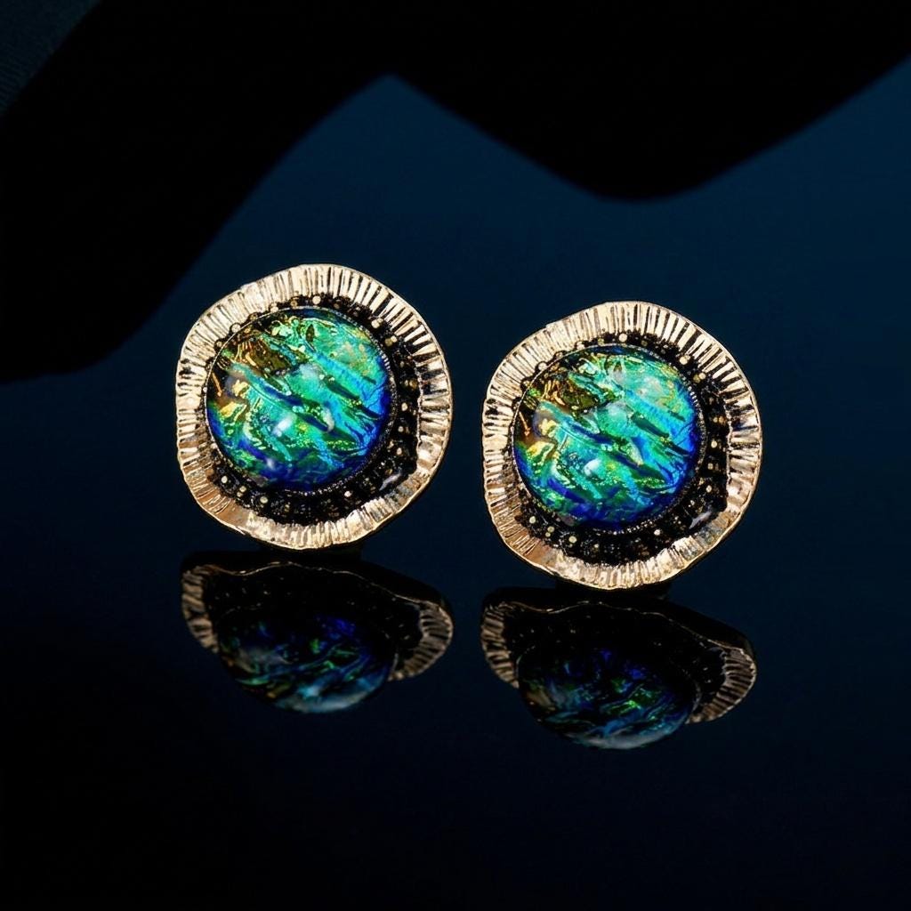 Vintage Gold Foil Glass Stud Earrings – Round Art Glass Statement Earrings