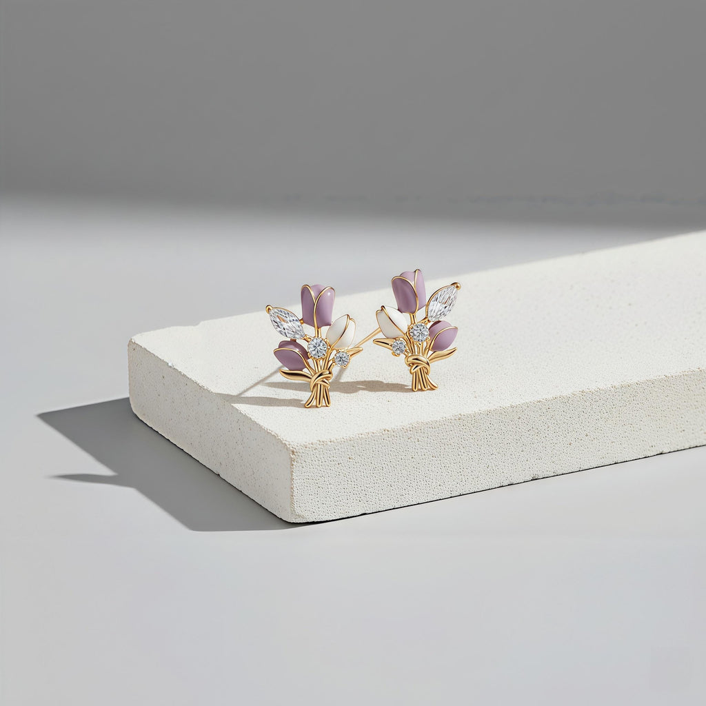 Purple Tulip Bouquet Stud Earrings – Enamel Flower & Zirconia, 18K Gold Plated Floral Jewelry