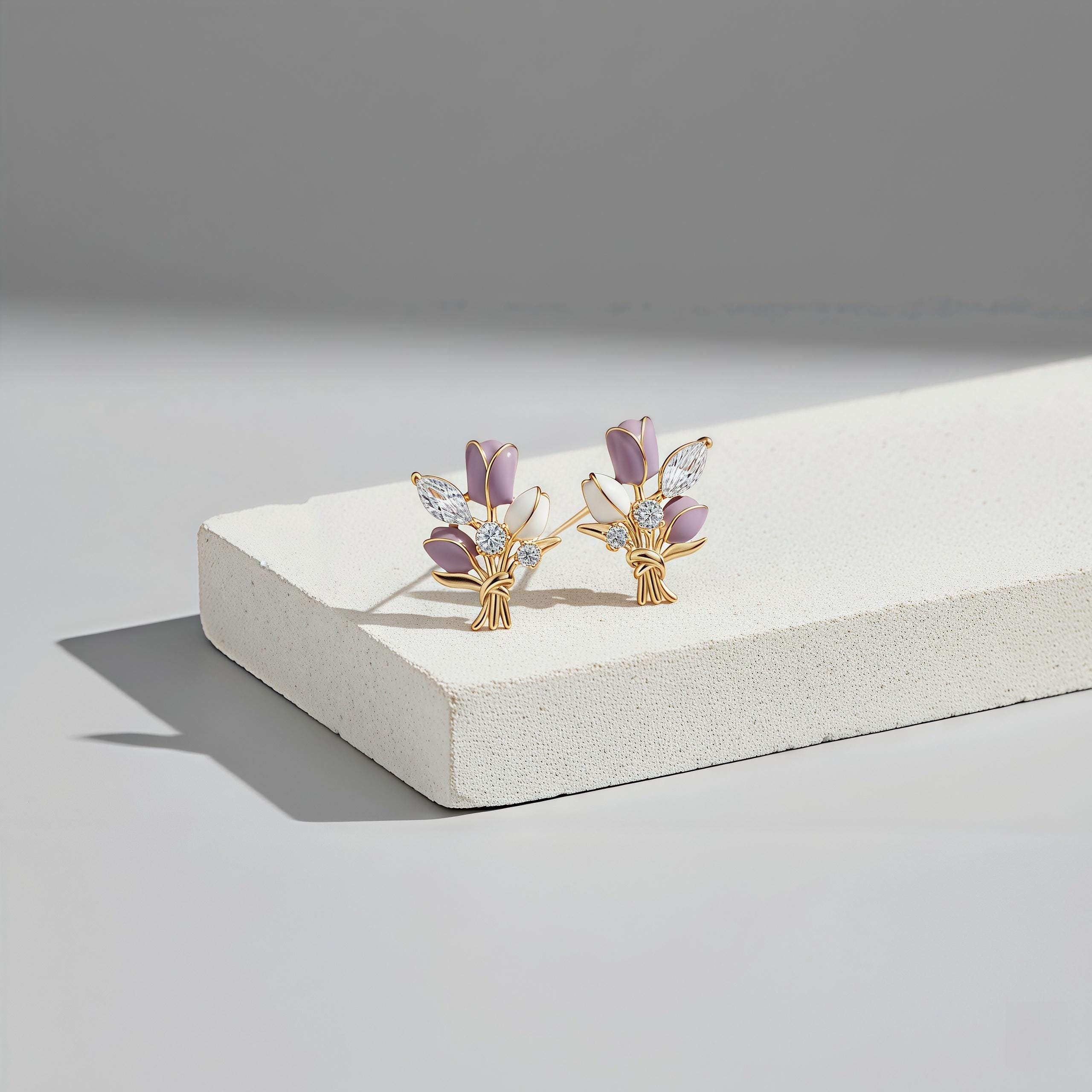 Purple Tulip Bouquet Stud Earrings – Enamel Flower & Zirconia, 18K Gold Plated Floral Jewelry