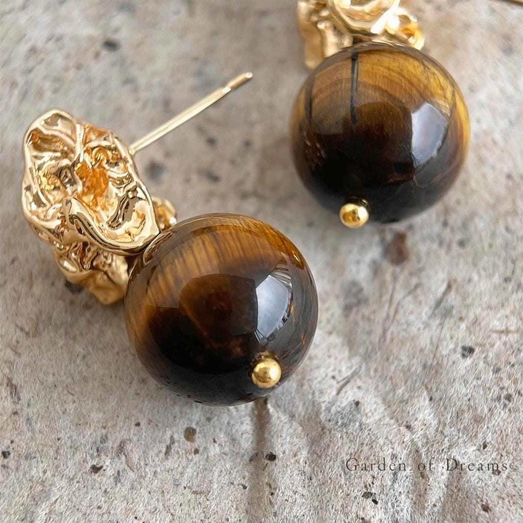 Tiger’s Eye Brass Earrings – Sculptural Gold Plated Statement Earrings