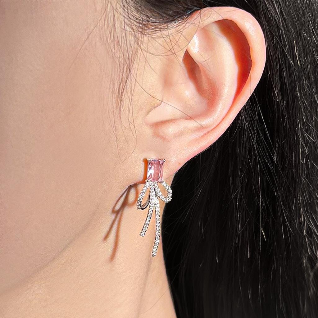 Pink Zircon Bow Earrings – Romantic Bow Drop Earrings