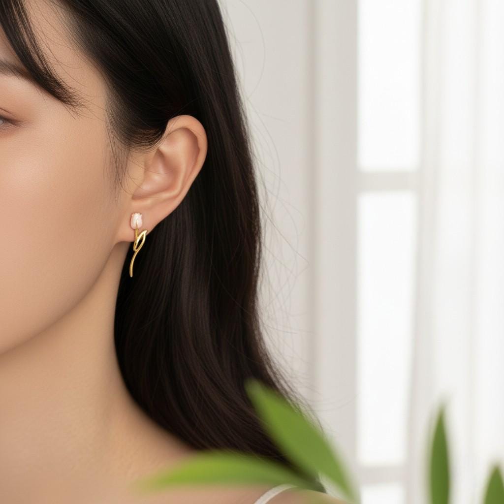 Gold Plated Pink Tulip Earrings – Asymmetrical Spring Flower Earrings