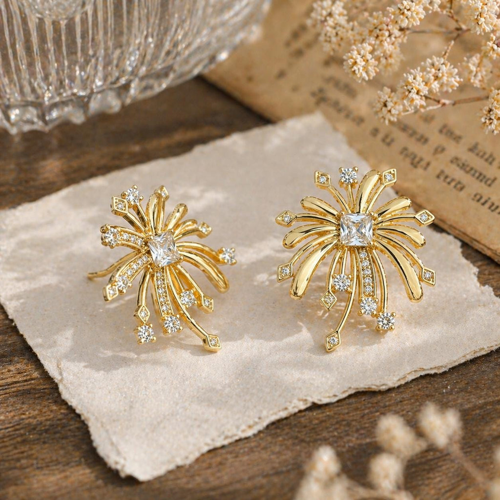 Gold Firework Stud Earrings – CZ Geometric Spark Burst Statement Earrings