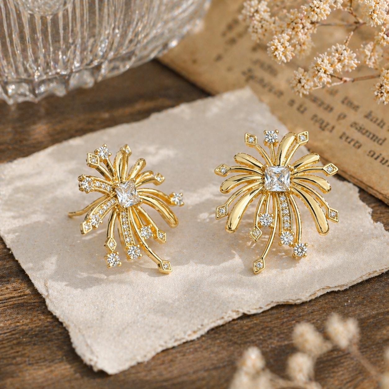 Gold Firework Stud Earrings – CZ Geometric Spark Burst Statement Earrings