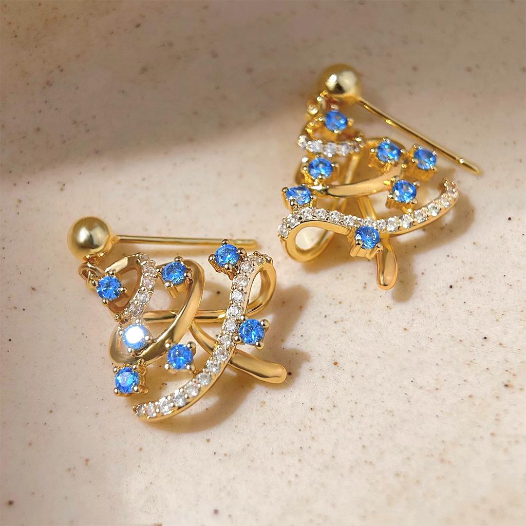 Christmas Tree Earrings – Gold Plated Holiday Earrings with Blue Zircon