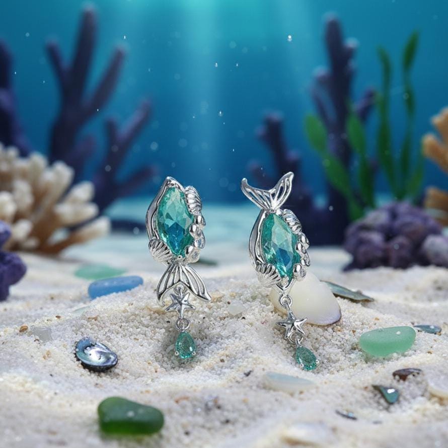 Mermaid Tail Earrings – Ocean-Inspired Fantasy Earrings with Emerald Green Zircon
