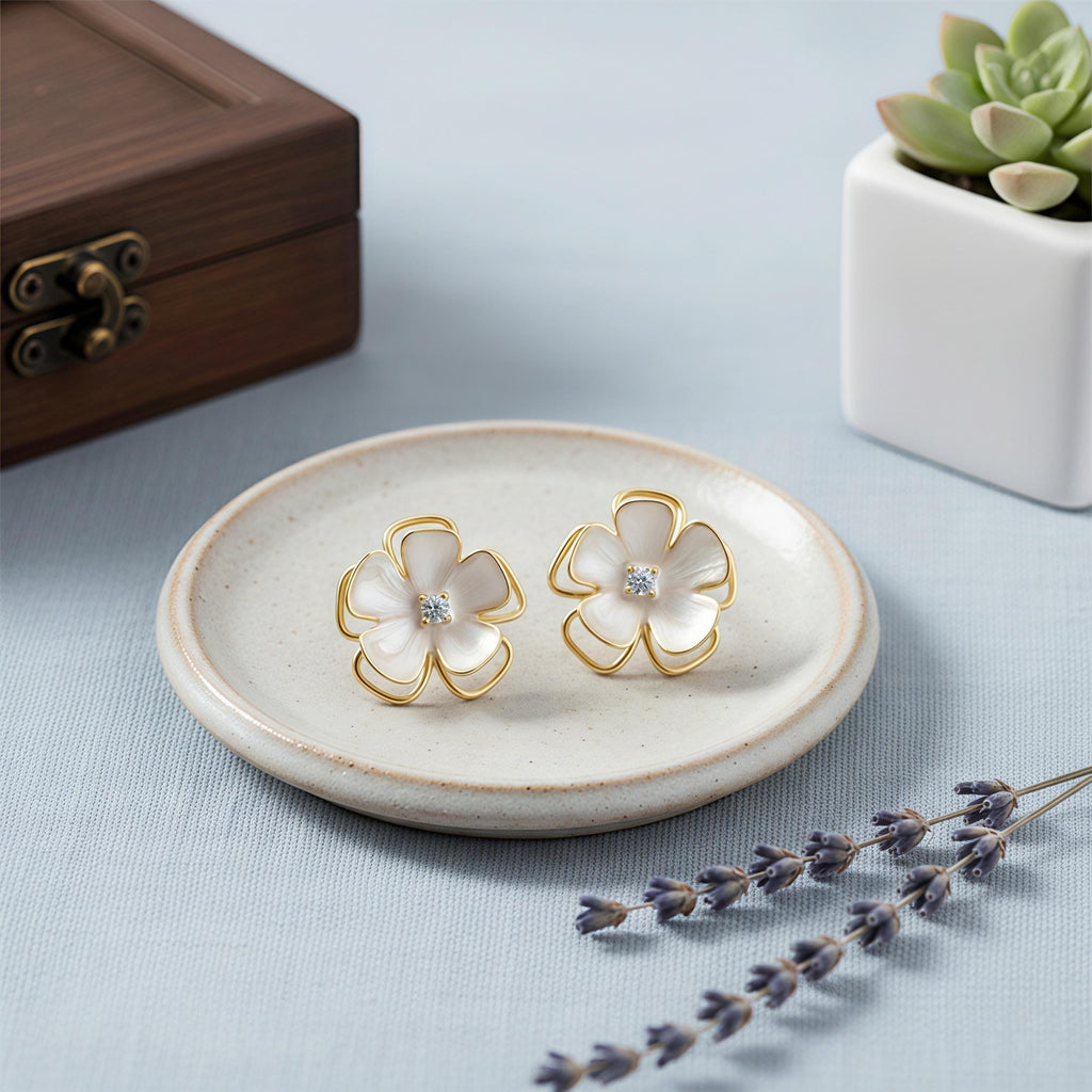Elegant White Enamel Camellia Earrings – 18K Gold Plated Floral Studs with CZ