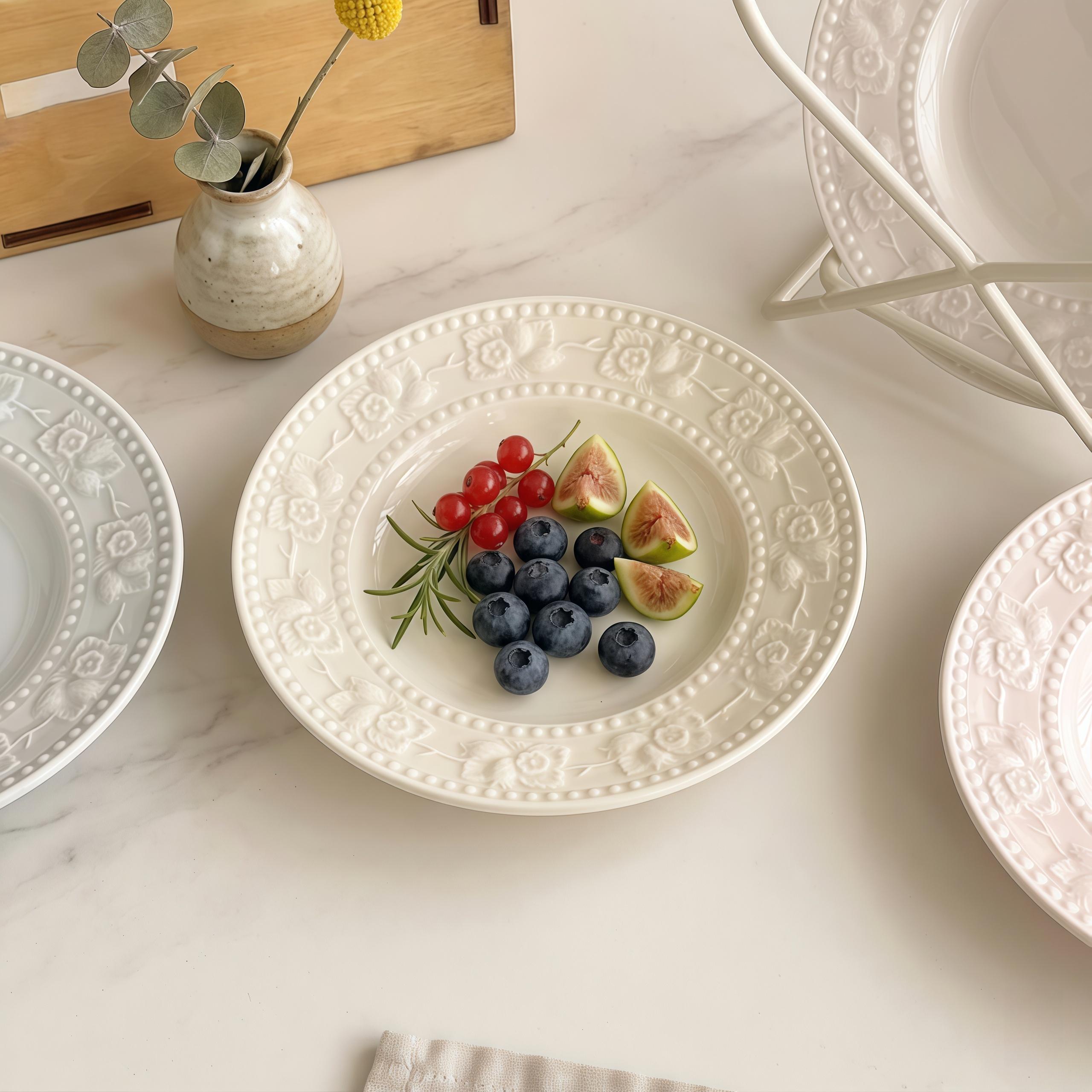 Embossed Floral Ceramic Dessert Plate | Vintage French Style Snack Dish