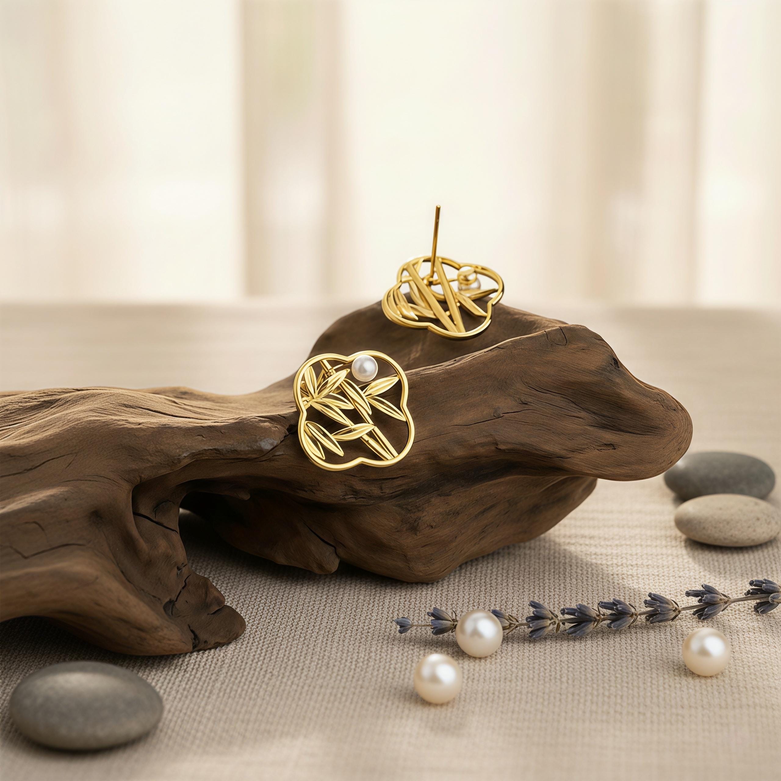 Oriental Bamboo Leaf Earrings – 18K Gold Plated Pearl Stud Earrings