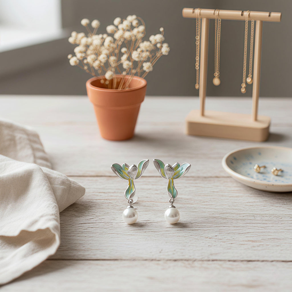 Gradient Green Orchid Dangle Earrings – Enamel Flower Earrings with Pearl Drops