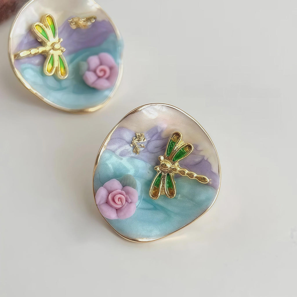 Monet Dragonfly Enamel Earrings – Impressionist Dragonfly & Ceramic Rose Earrings
