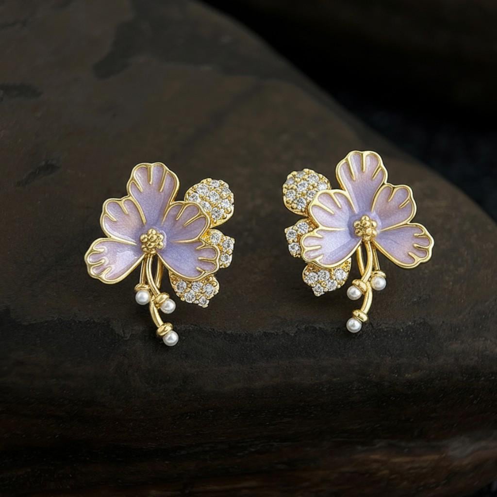 Hand-Enameled Lilac Earrings – Floral Pearl Drop Earrings