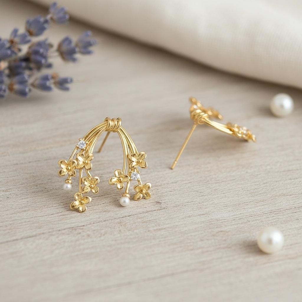 Flower Cluster Ear Climber – Pearl Floral Vine Earrings