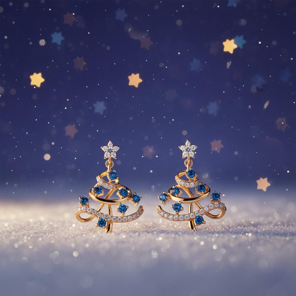 Christmas Tree Earrings – Gold Plated Holiday Earrings with Blue Zircon