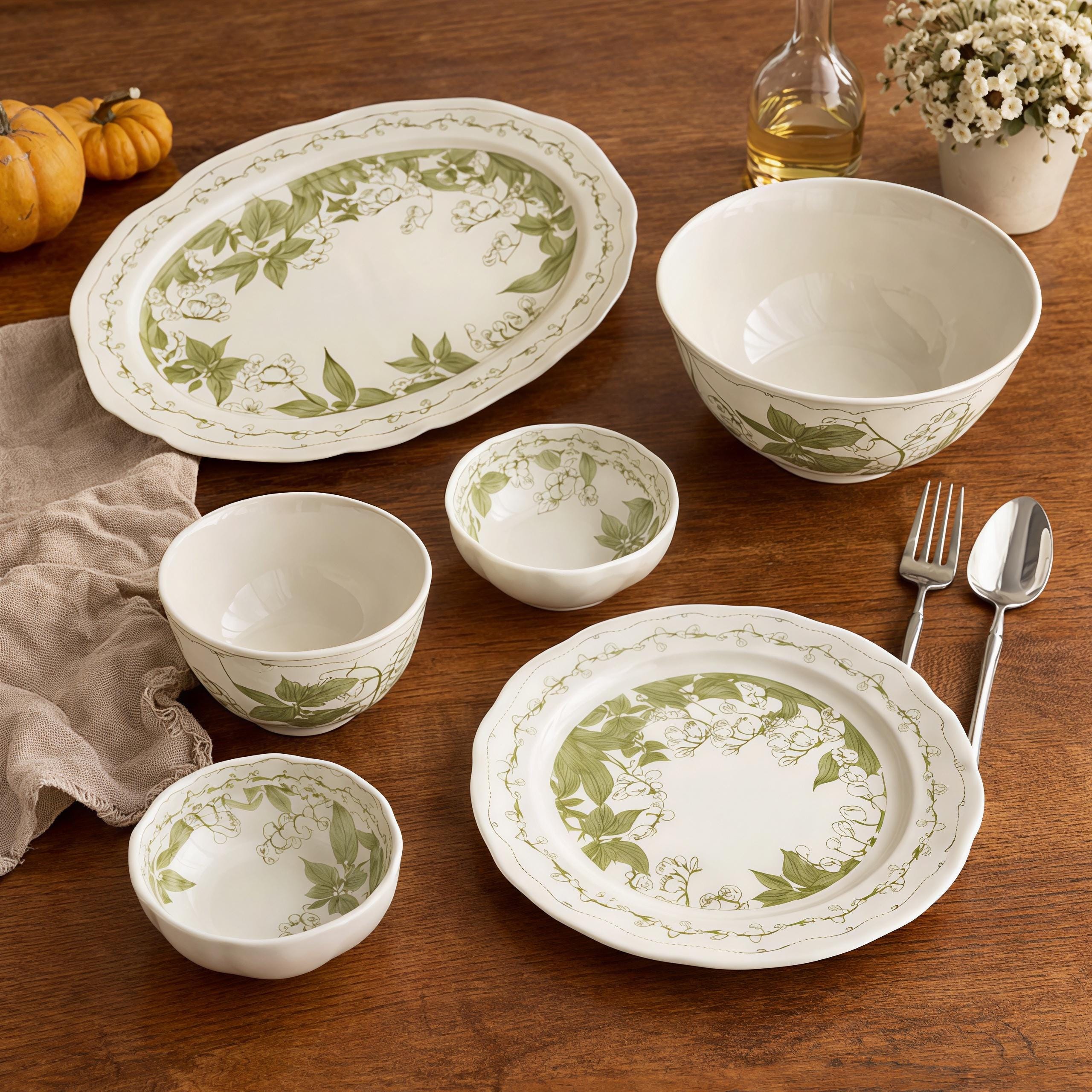 Lily of the Valley Ceramic Tableware Set | Vintage Botanical Plates & Bowls | Floral Dinnerware Set