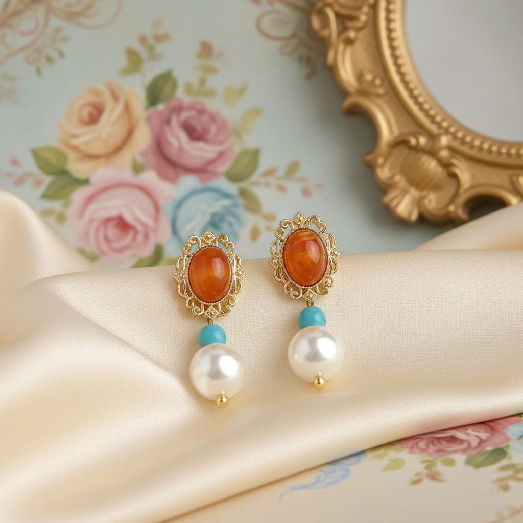 Rococo Romance Earrings – Amber, Turquoise & Pearl Filigree Earrings