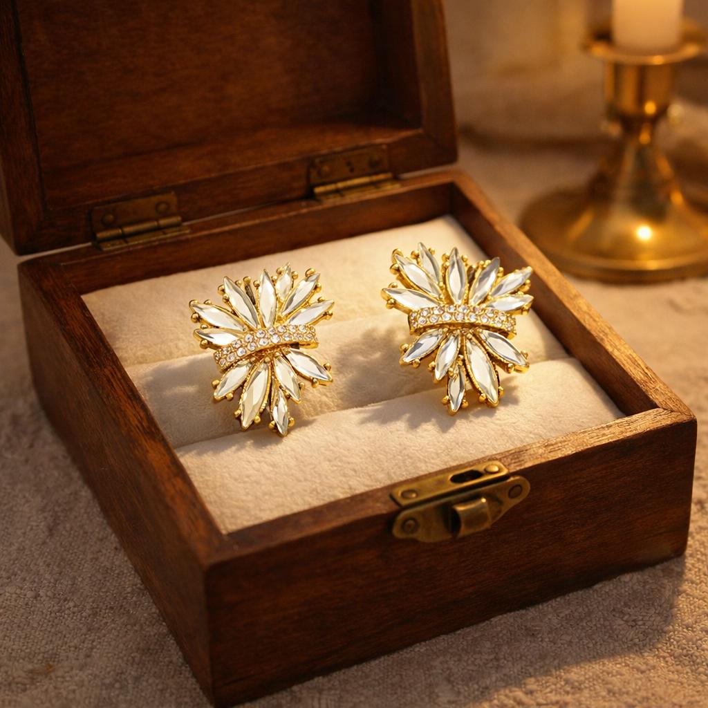 French Vintage Crystal Flower Earrings – Champagne & Clear Ice Bloom Statement Studs