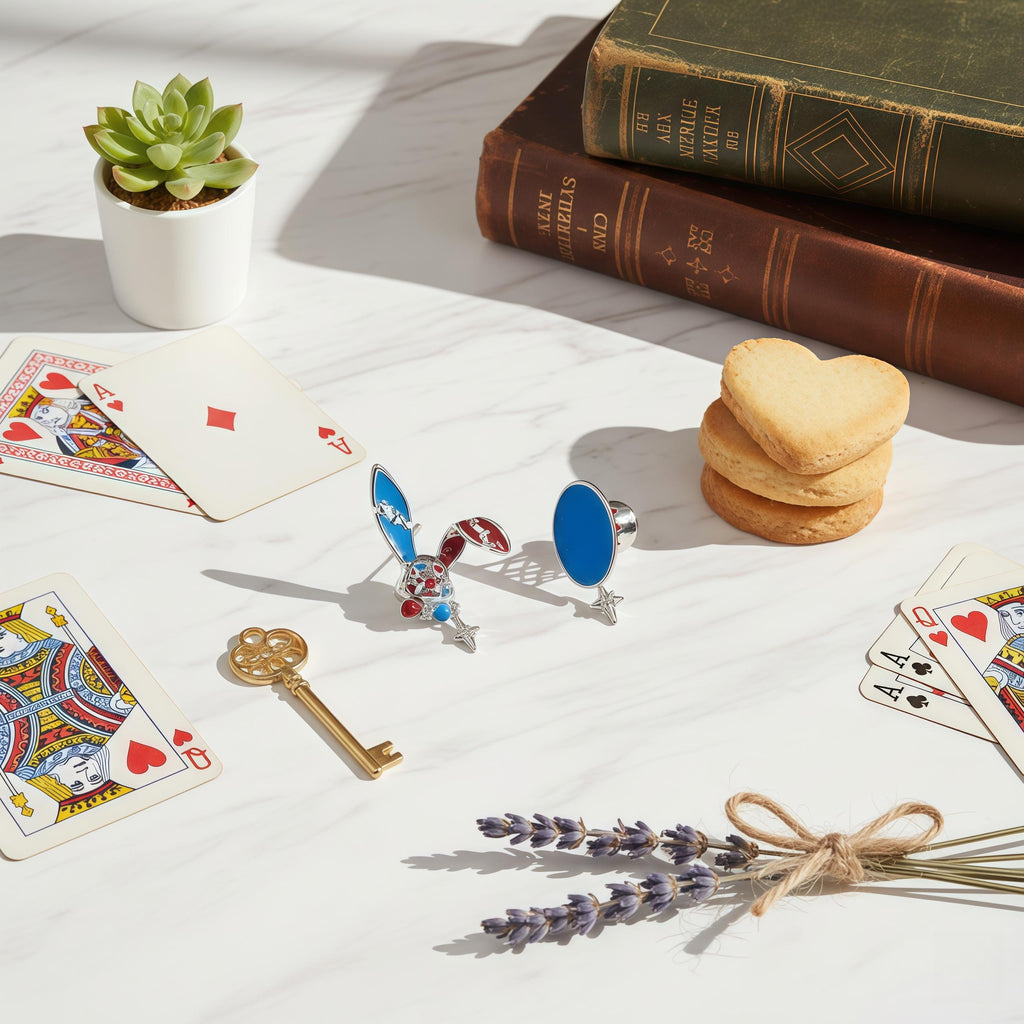 Mad Hatter Wonderland Earrings | Asymmetrical Red & Blue Enamel Studs | Rabbit and Hat Design
