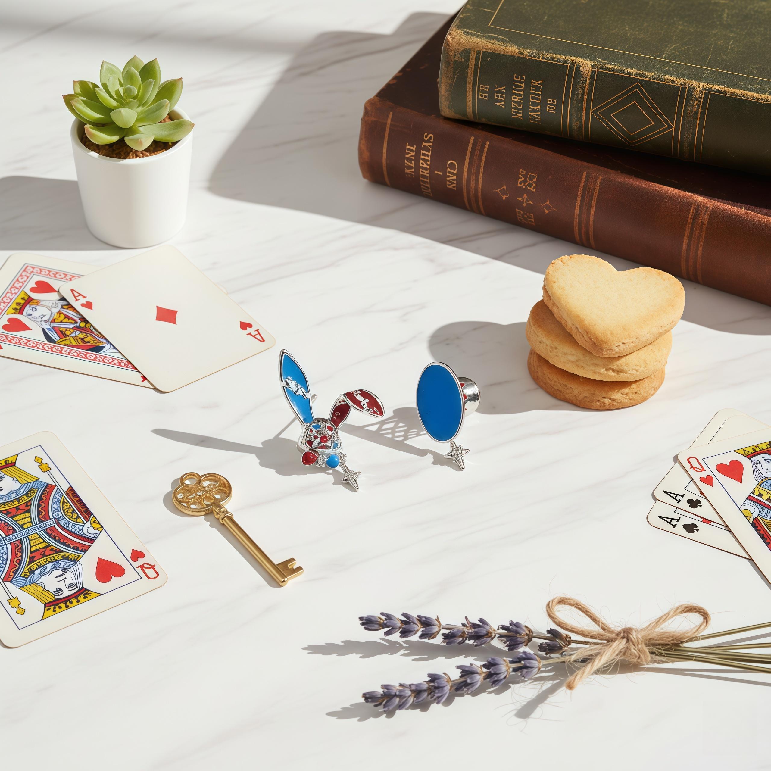 Mad Hatter Wonderland Earrings | Asymmetrical Red & Blue Enamel Studs | Rabbit and Hat Design