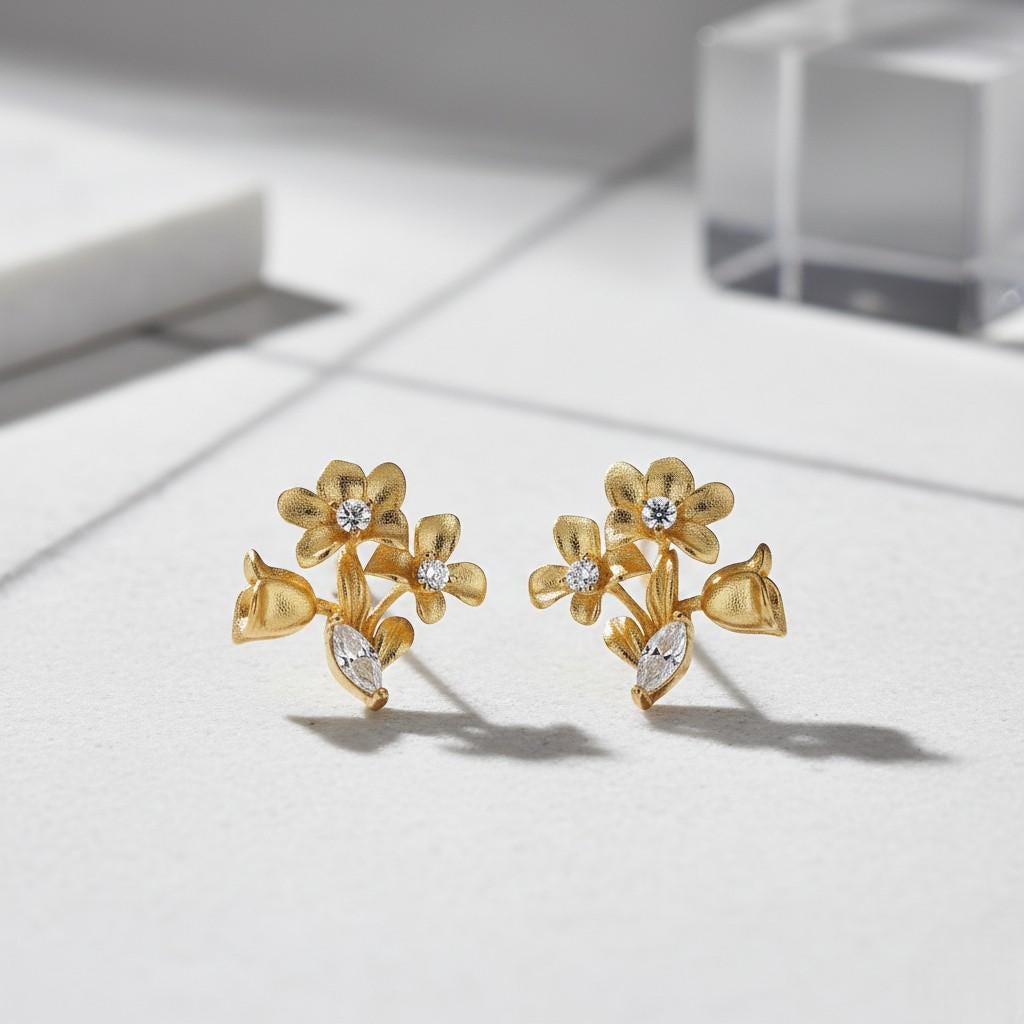 Morning Dew Gold Flower Cluster Earrings – 18K Gold Plated Floral Earrings with CZ