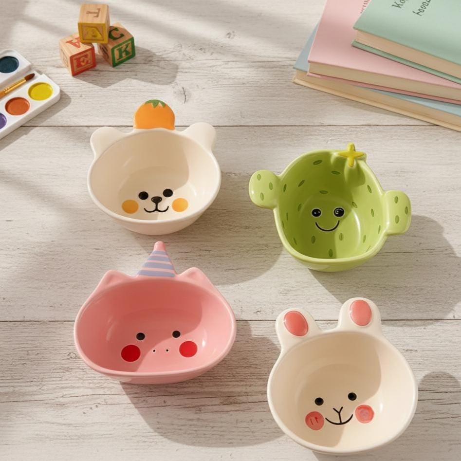 Kawaii Ceramic Snack Bowl | Cartoon Dipping Dish – Bear, Pig, Cactus & Bear | Home Decor Gift