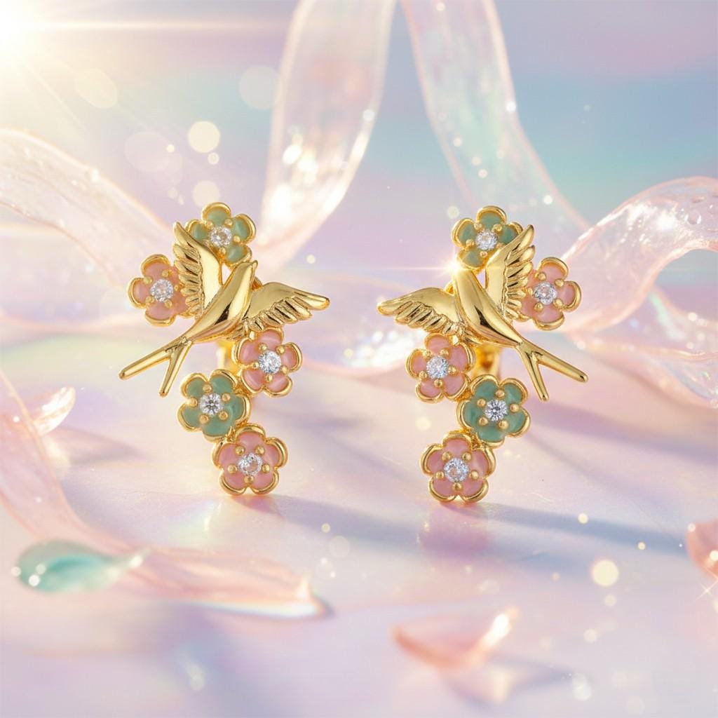 Gold Swallow Earrings – Enamel Cherry Blossom & Zircon Bird Earrings