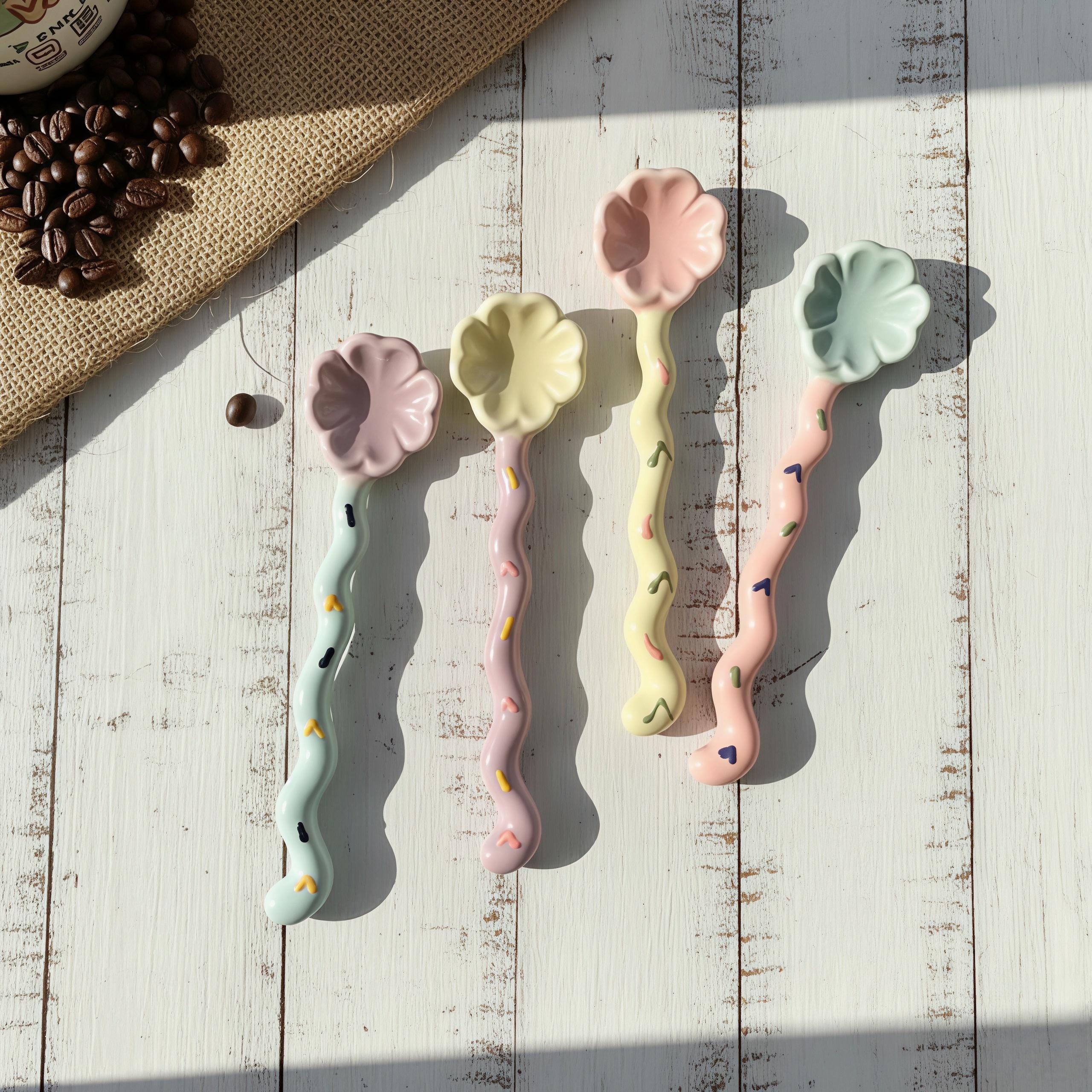 Whimsical Flower Ceramic Spoon | Pastel Dessert & Coffee Spoon