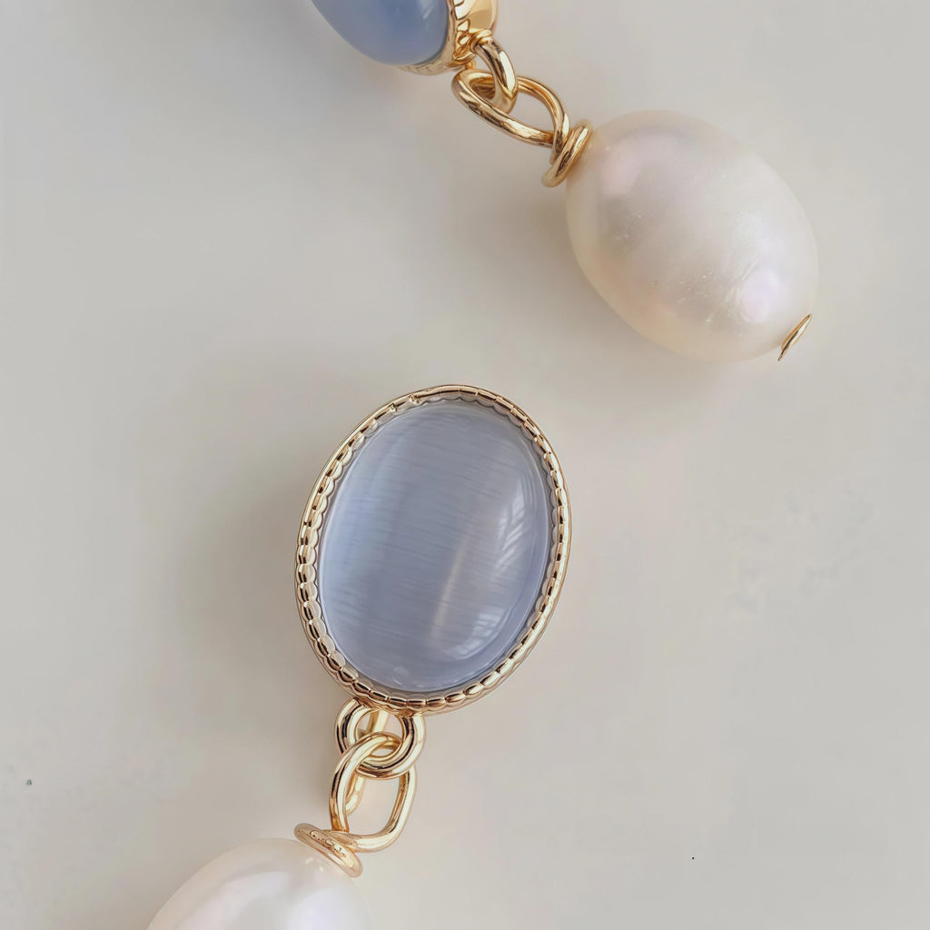 Moonlight Serenade Earrings – Gold Plated Blue Cat’s Eye Glass & Freshwater Pearl Earrings