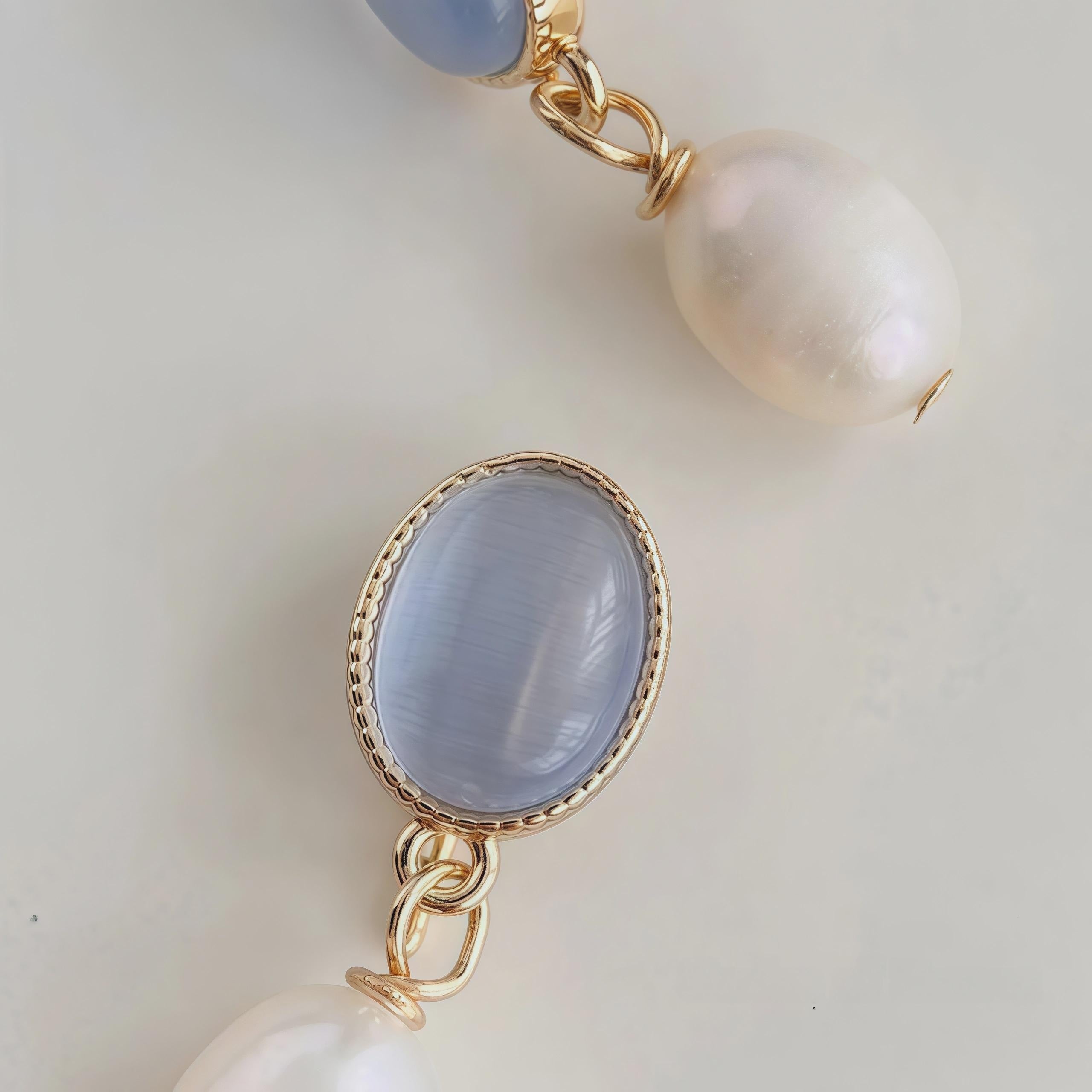 Moonlight Serenade Earrings – Gold Plated Blue Cat’s Eye Glass & Freshwater Pearl Earrings