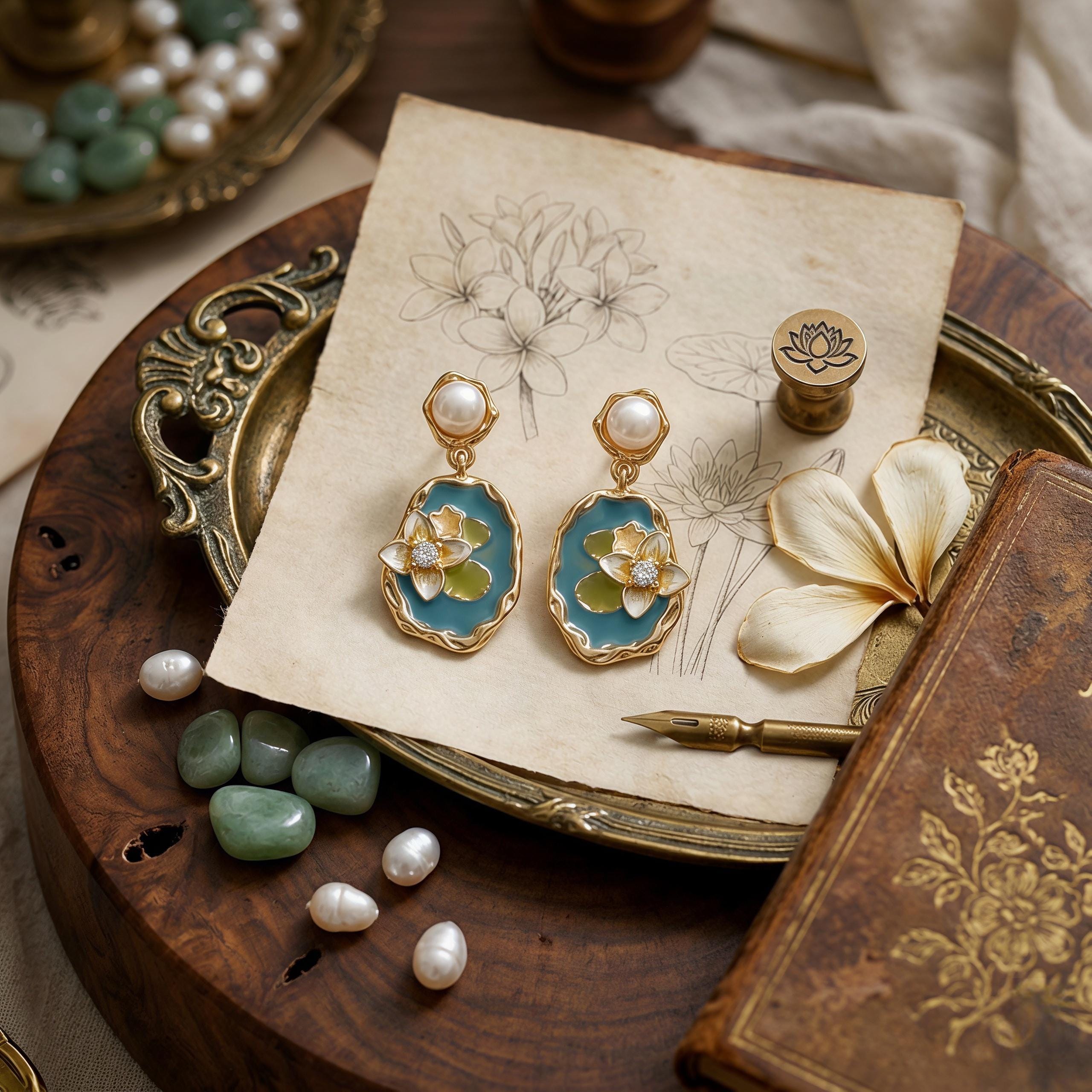 Monet Lotus Earrings – Enamel Floral Art Jewelry with Freshwater Pearl