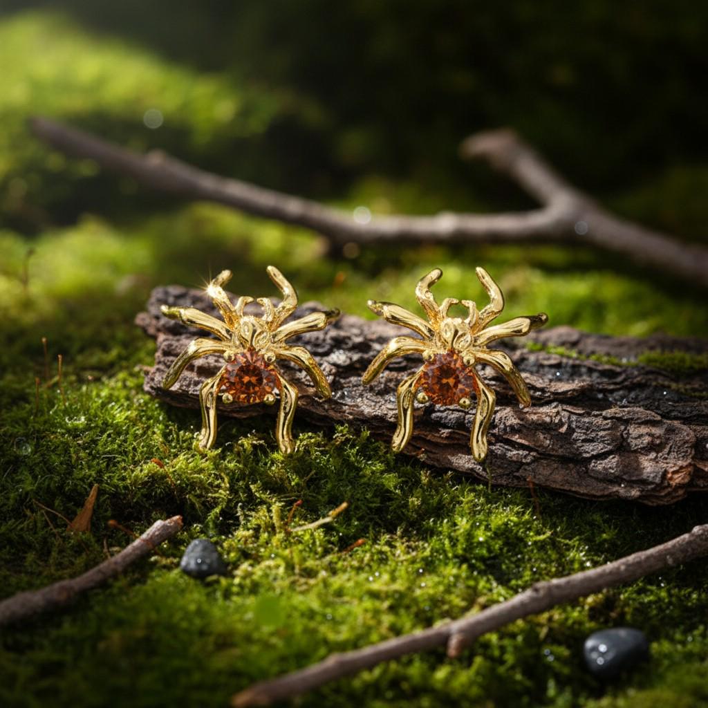 Moonlit Forest Gold Spider Stud Earrings – Mystical Spider Earrings