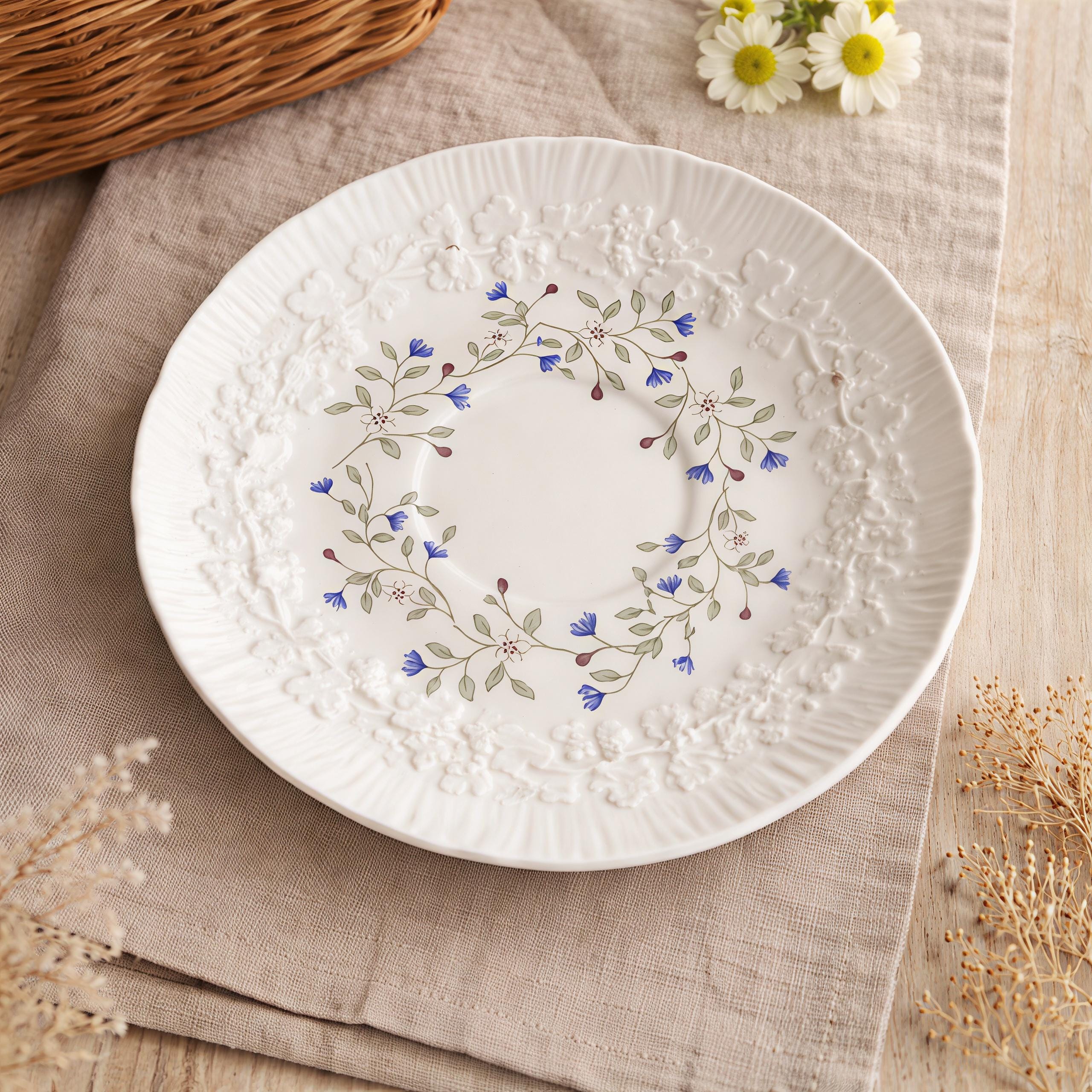 Floral Embossed Ceramic Dessert Plate | Vintage French Style Snack Dish