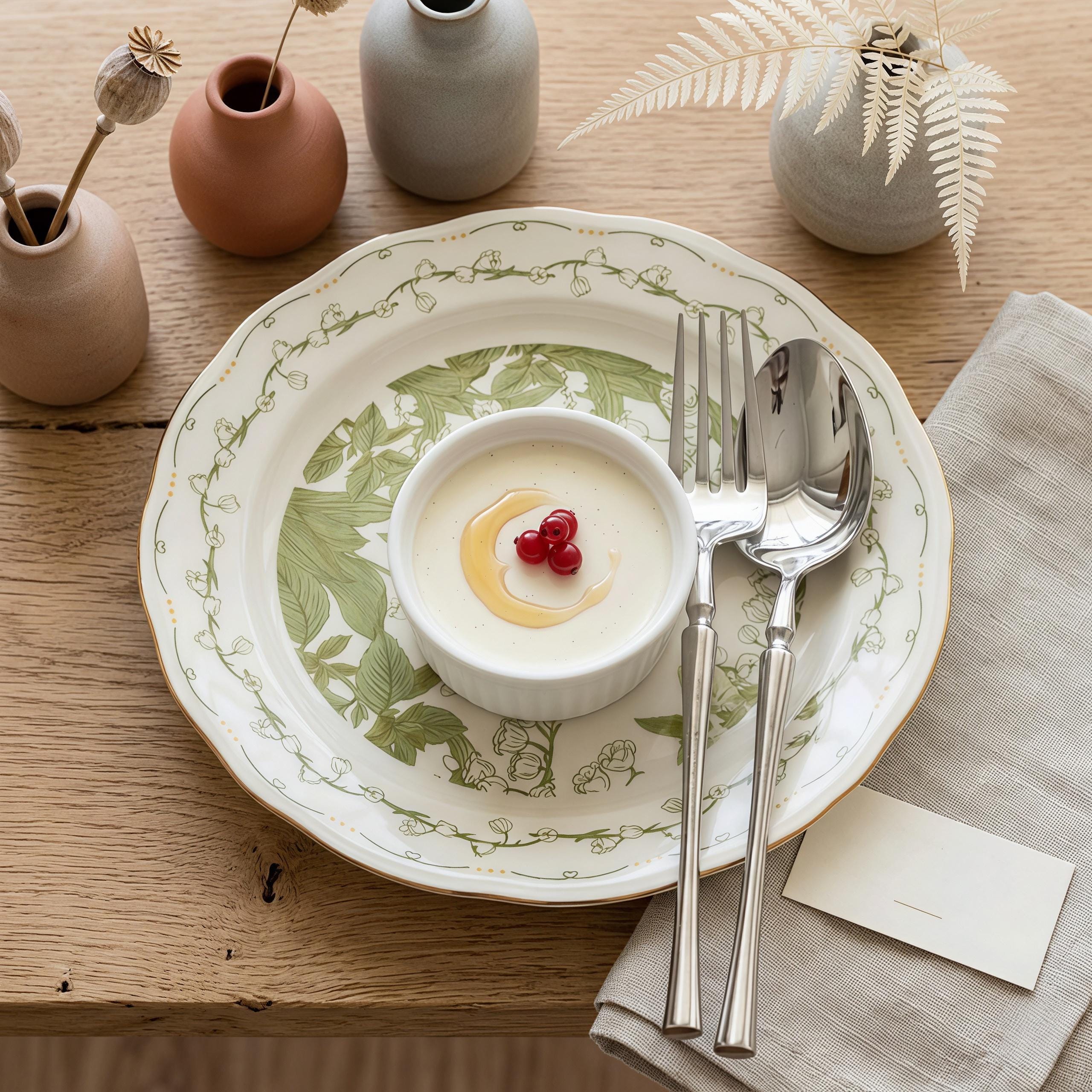 Lily of the Valley Ceramic Tableware Set | Vintage Botanical Plates & Bowls | Floral Dinnerware Set