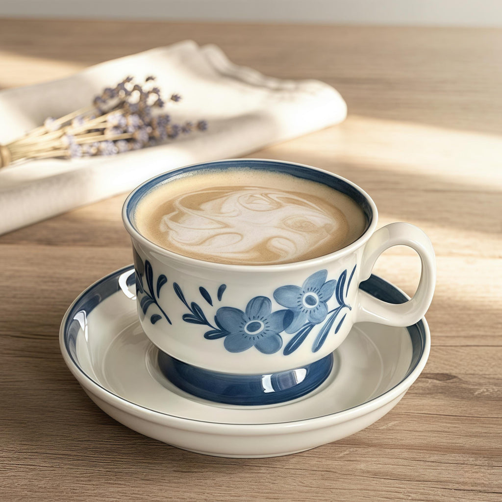 Blue Floral Ceramic Mug with Matching Coaster | Hand-Painted Folk Flower Cup Set
