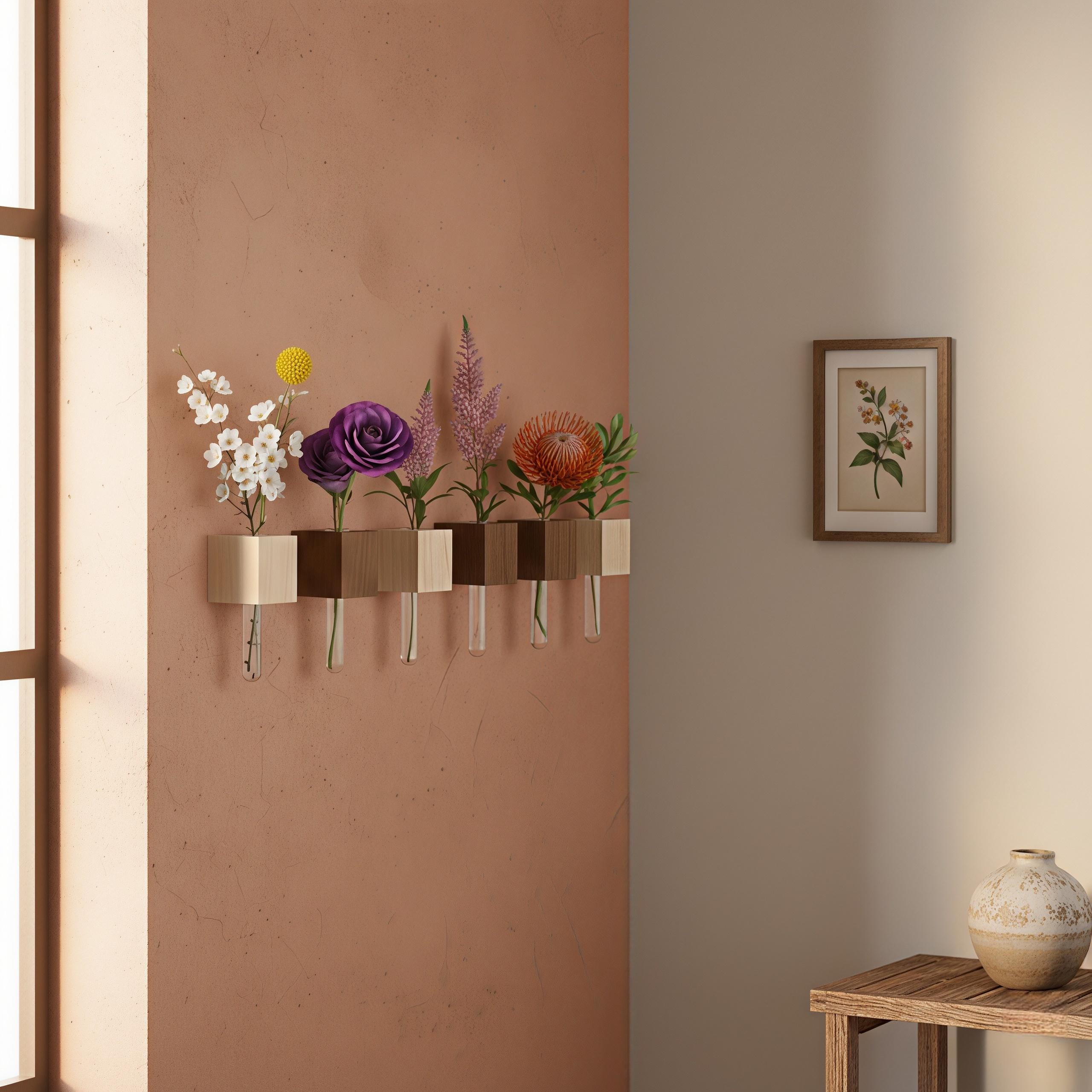 Minimalist Wood Propagation Tube | Magnetic and Adhesive Plant Holder | Walnut & Beech Bud Vase
