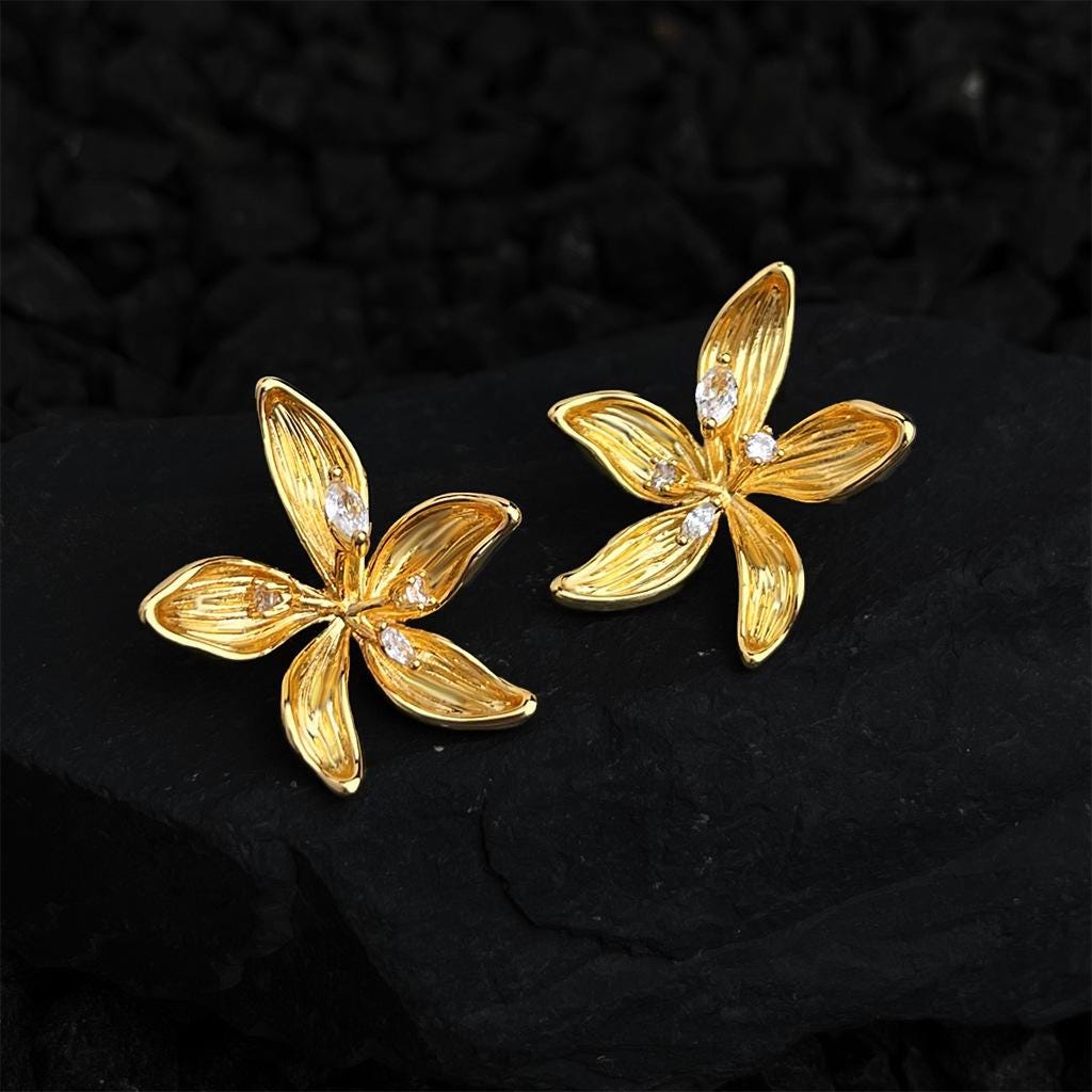 Morning Bloom Gold Flower Stud Earrings – 18K Gold Plated Floral Earrings, CZ Dew Drop Earrings
