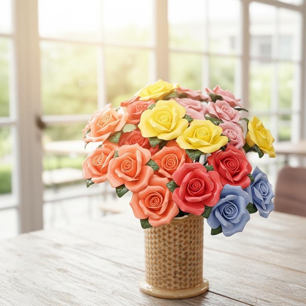 Handcrafted Ceramic Rose Bouquet Set - Forever Bloom Floral Home Décor Gift