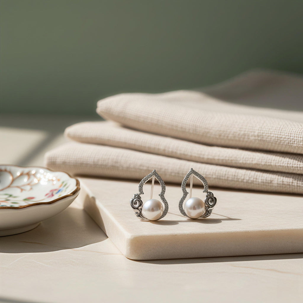Freshwater Pearl Hulu Stud Earrings – Auspicious Cloud Gourd Earrings