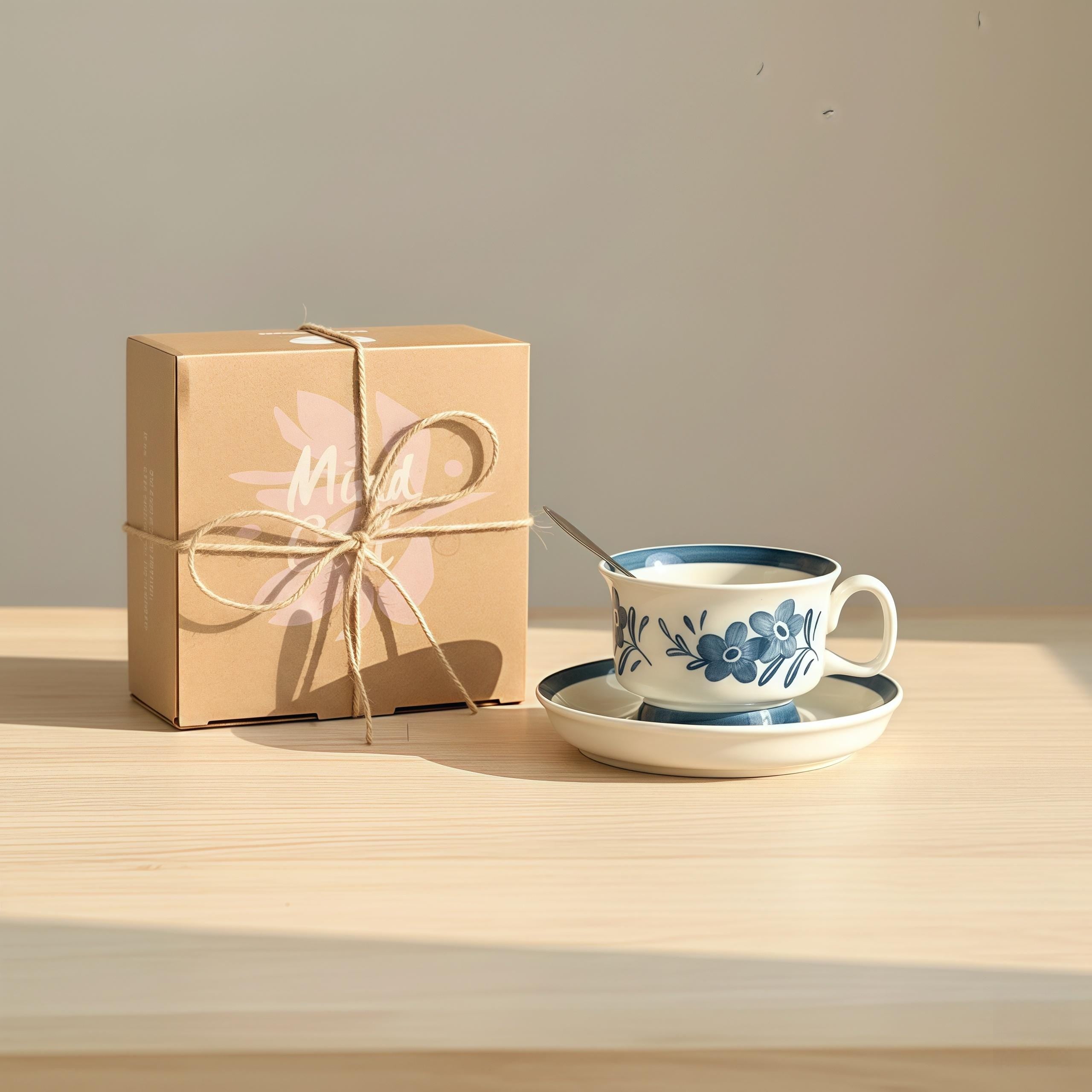 Blue Floral Ceramic Mug with Matching Coaster | Hand-Painted Folk Flower Cup Set