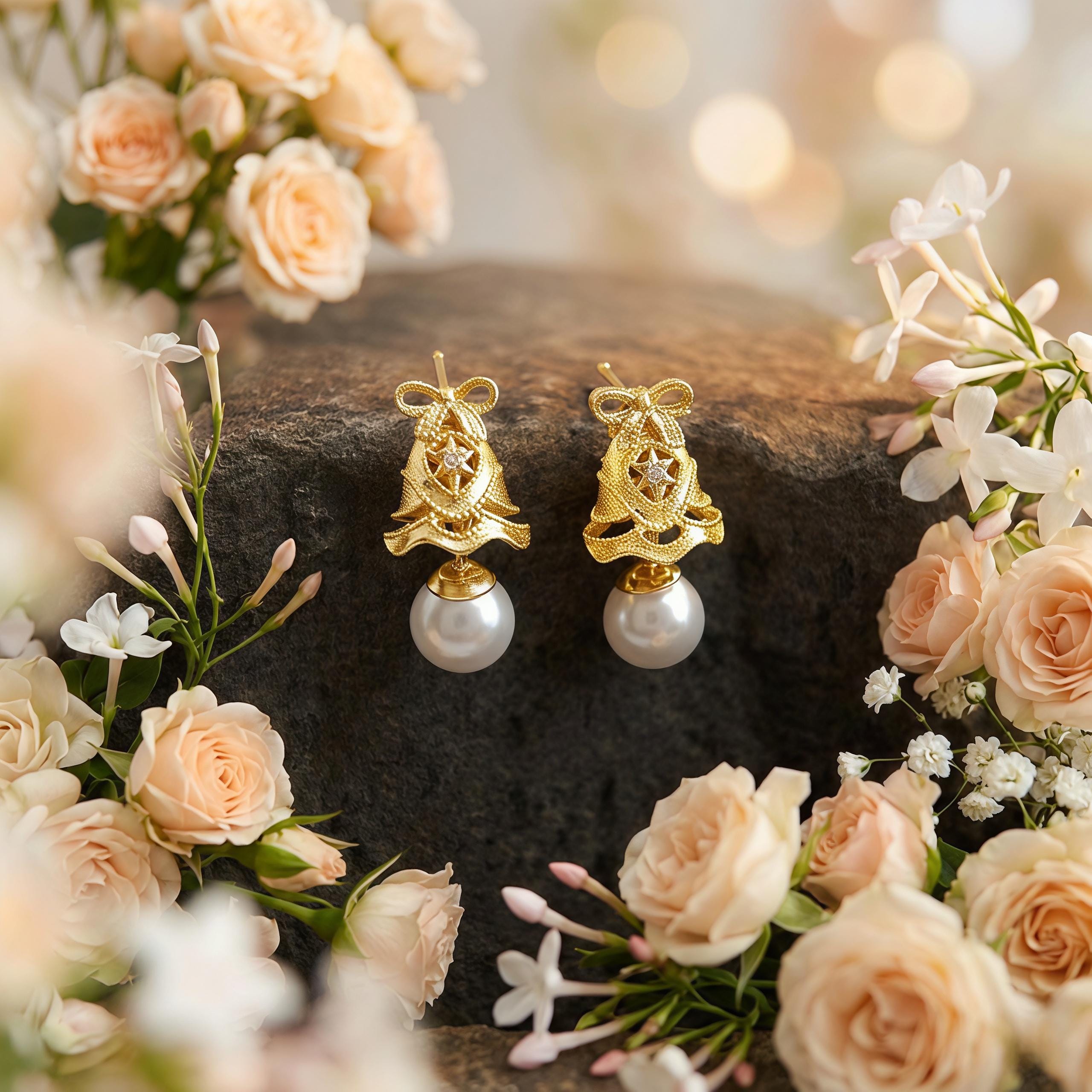 Vintage Gold Pearl Drop Earrings – CZ Ribbon Bell Earrings