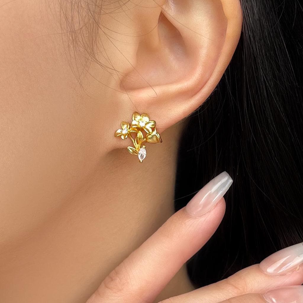 Morning Dew Gold Flower Cluster Earrings – 18K Gold Plated Floral Earrings with CZ