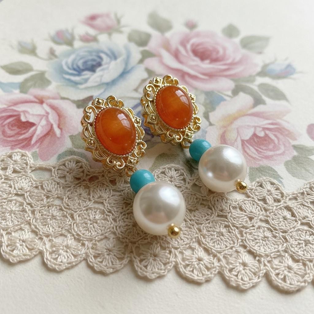 Rococo Romance Earrings – Amber, Turquoise & Pearl Filigree Earrings