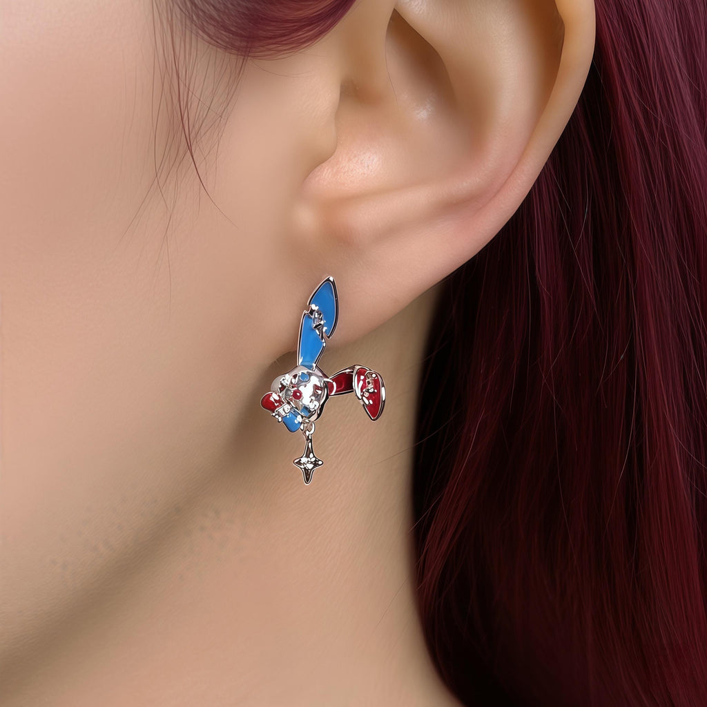 Mad Hatter Wonderland Earrings | Asymmetrical Red & Blue Enamel Studs | Rabbit and Hat Design